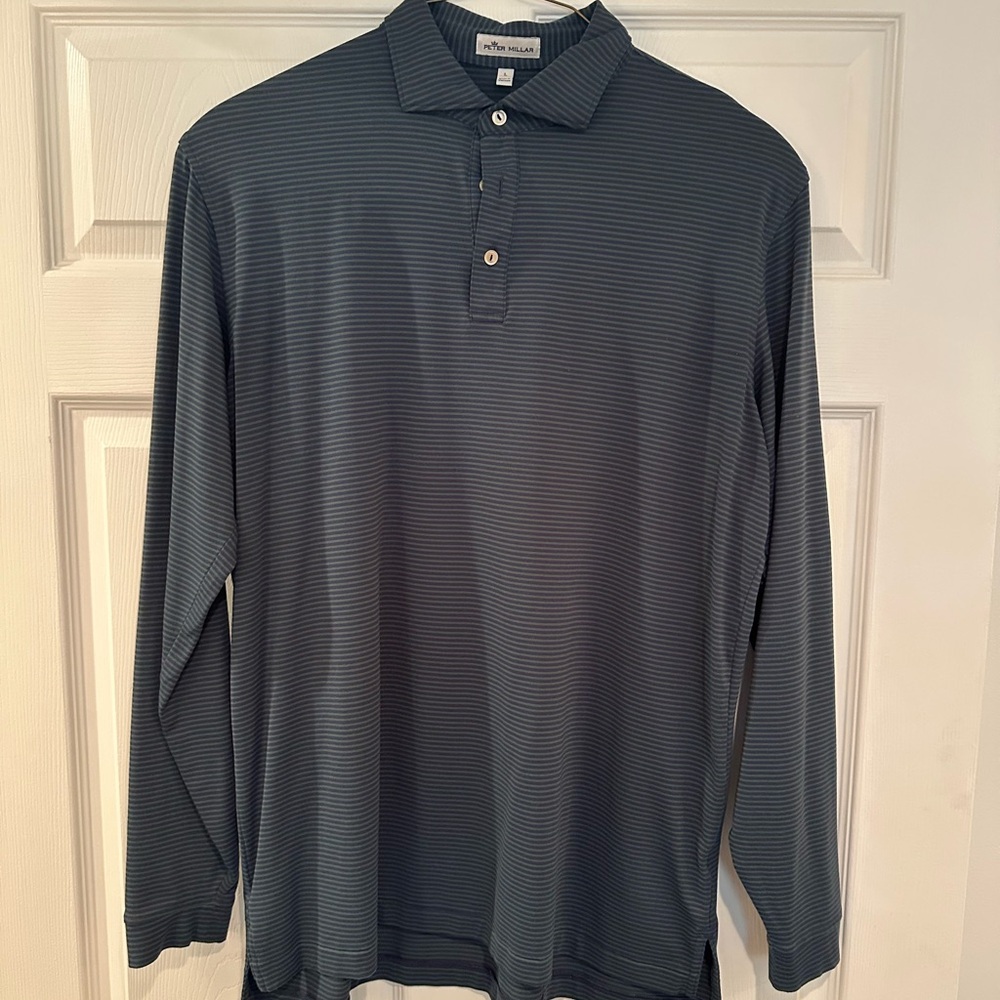 Peter Millar Navy & Dark Green Striped Long Sleeve Polo Shirt